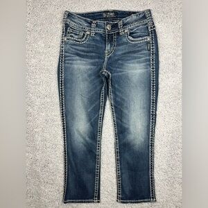 Silver Jeans Womens 29 Suki Mid Rise Capri Fluid Denim Big Stitch Party Concert